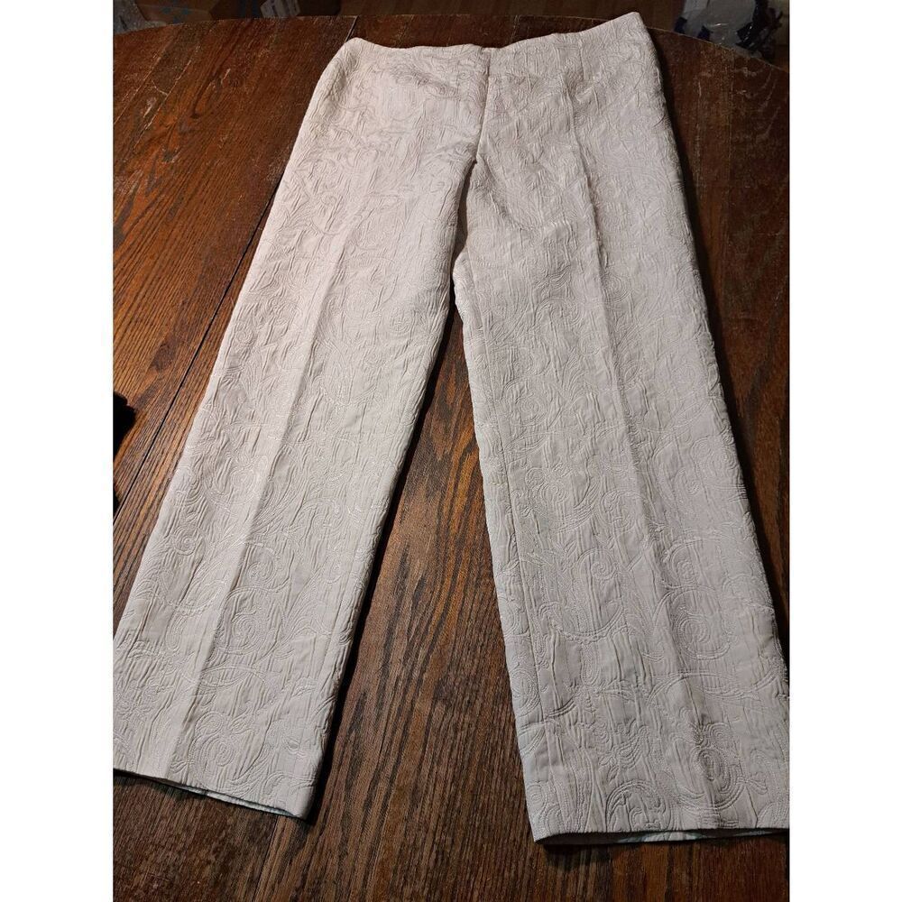 Size 12 Rafael Cream Ivory Gold Metallic Quilted Texture Pants Side Zip Lined